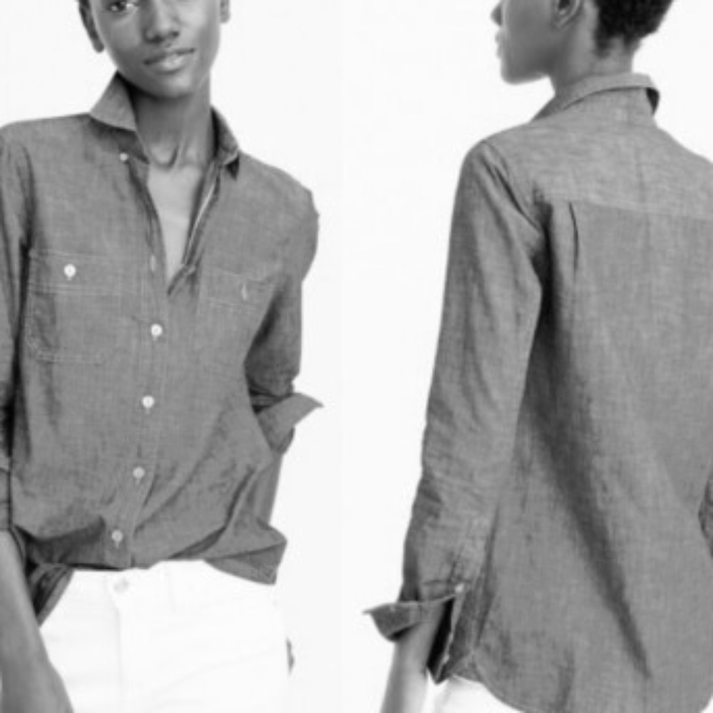 J Crew Grey Chambray Tunic Button 1/2 of Top  Long Sleeves 2 Breast Pockets